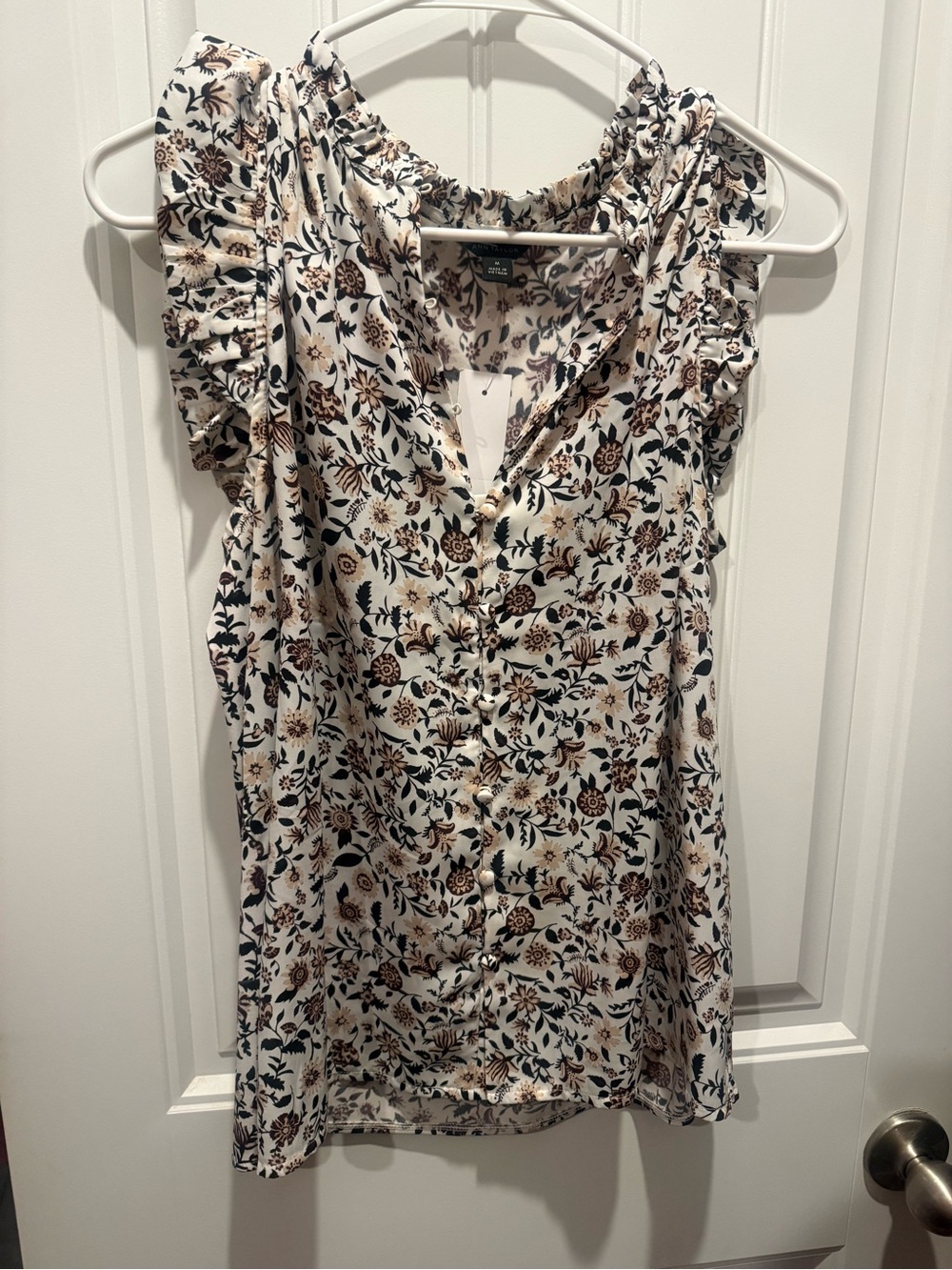Ann Taylor White Blouse with Brown & Black Floral Print